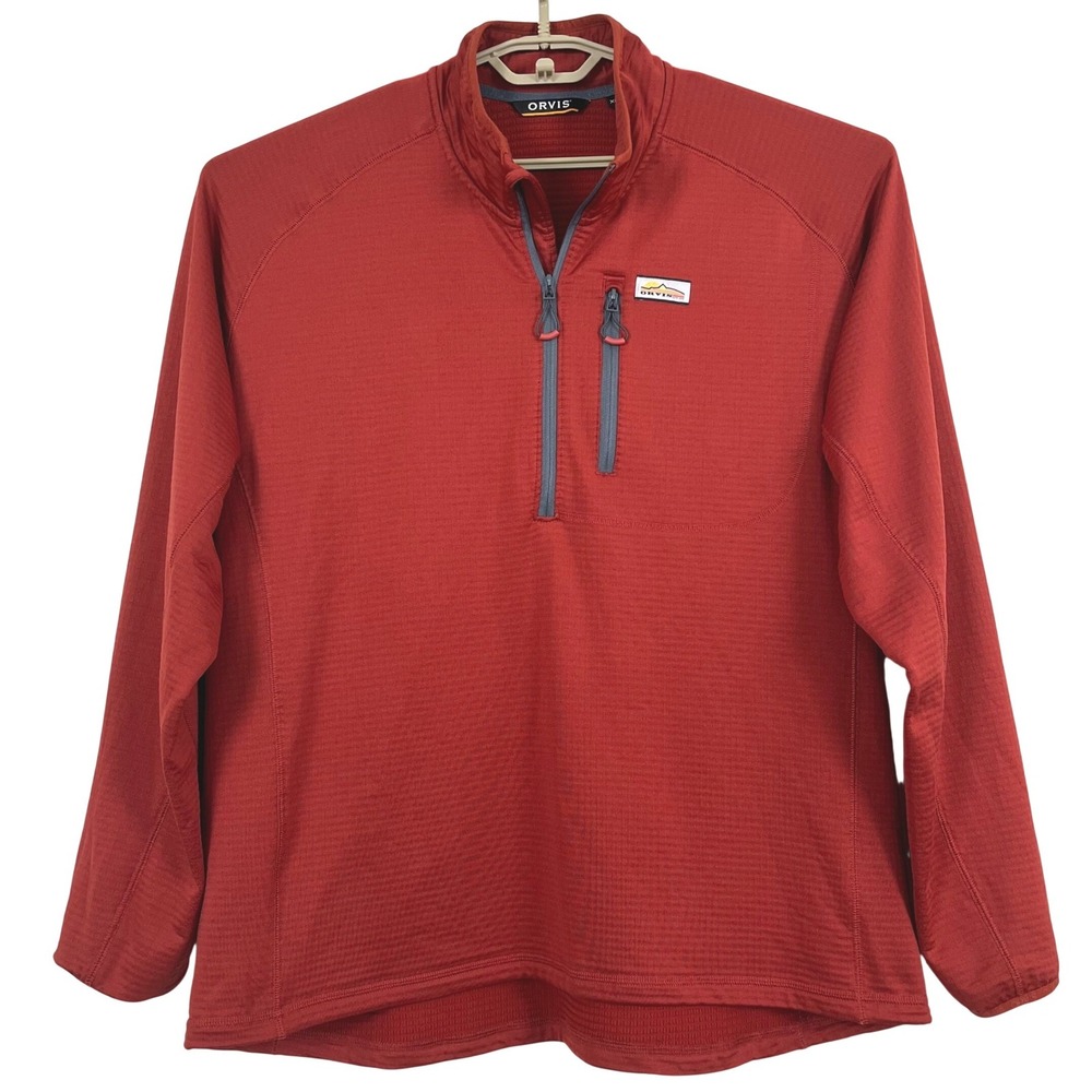 Orvis Mens 1/4 Zip Grid Fleece Pullover XL Orange Stretch Active Outdoor Fishing